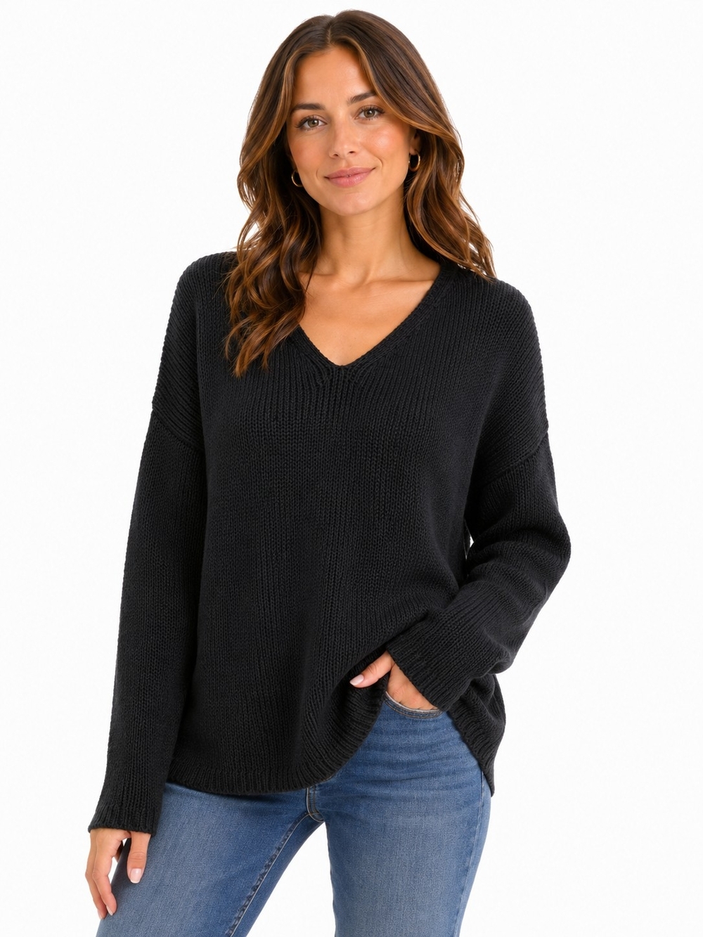 Eileen Fisher Black V-Neck Relaxed Knit Sweater